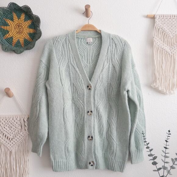 A New Day Wool Blend Fisherman Mint Green Cardigan Sweater Size XS - Picture 2 of 9